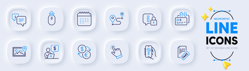 Swipe up, Card and Fake news line icons for web app. Pack of Lock, Help app, Currency exchange pictogram icons. Journey, Calendar, Photo location signs. Business person, Cursor, Info. Vector