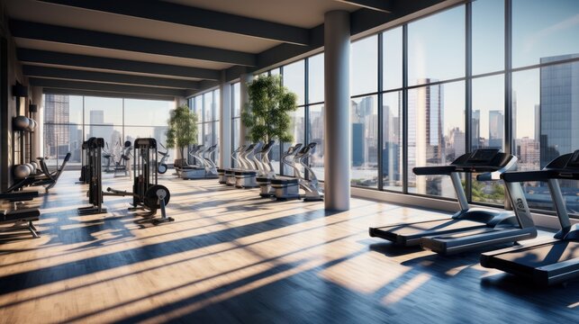 Fully equipped gym with floor to ceiling windows, offering panoramic views while working out. Incorporate modern exercise equipment, a yoga studio, and a refreshing juice bar