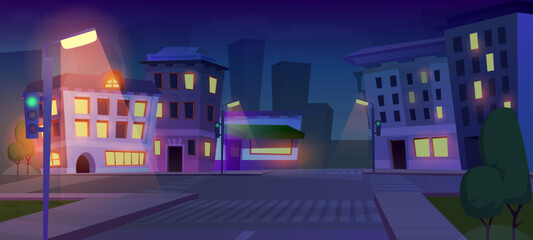 Obraz premium Night city landscape. Panorama with city calm life, houses and buildings, sidewalks and pedestrian crossing. View of modern architecture with road at nighttime. Cartoon flat vector illustration
