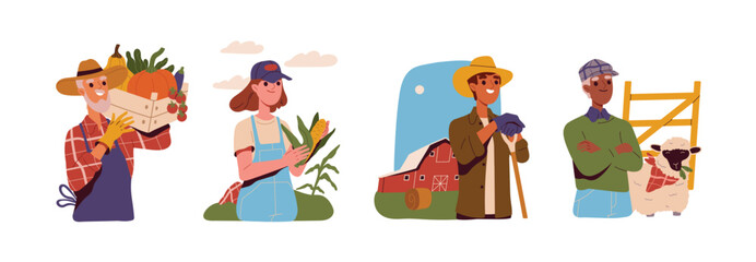 Farmers in harvest day set. Village workers in agricultural farm uniforms with vegetables and livestock. Rustic characters agronomist and dairymaid. Cartoon flat vector isolated on white background