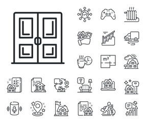Building entrance sign. Floor plan, stairs and lounge room outline icons. Door line icon. Exit doorway symbol. Door line sign. House mortgage, sell building icon. Real estate. Vector