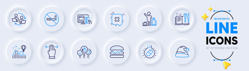 Burger, No smoking and Santa hat line icons for web app. Pack of Reject, Online payment, Recipe book pictogram icons. Airport transfer, Roller coaster, Teamwork process signs. Like. Vector