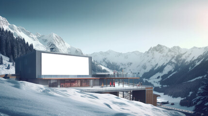 Blank billboard in a ski resort with snowy mountains in the background. Generative AI. 