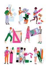 Fototapeta premium People with huge stationery set. Smiling office characters holding giant rulers and pens, paint and markers, calculator and scissors. Office tool and school supplies. Cartoon flat vector illustrations