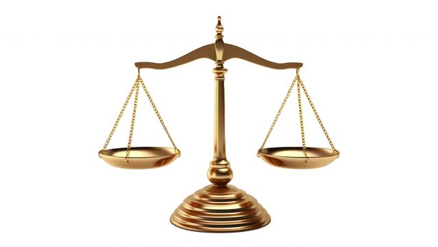 Fairness scales of justice. 4K video motion graphic animation. An ornate brass justice scale showing equal balancing weight.