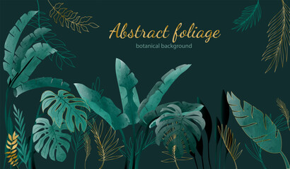 Abstract background with foliage. Luxury botanical poster with green plants and gold text template. Tropical forest exotic wallpaper with palm and monstera leaves. Cartoon flat vector illustration