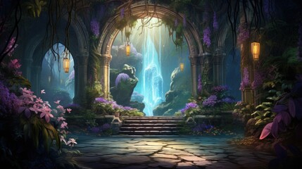 Illustrate a series of intricate archways adorned with colorful flowers and foliage, leading deeper into the beauty cave game art