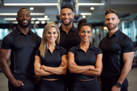 Gym staff posing and smiling in luxury gym. Generative Ai