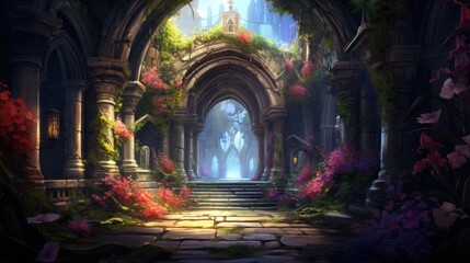 Illustrate a series of intricate archways adorned with colorful flowers and foliage, leading deeper into the beauty cave game art