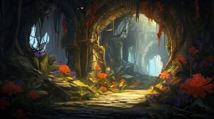 Illustrate a series of intricate archways adorned with colorful flowers and foliage, leading deeper into the beauty cave game art