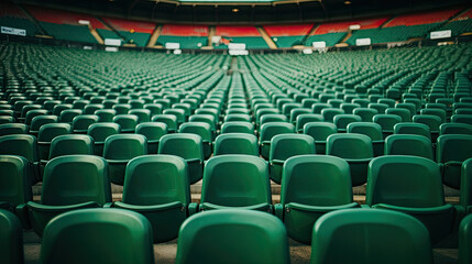 Fototapeta premium empty green seats in a big sport stadium. Generative AI