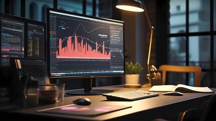 PC with market analysis data charts on the screen