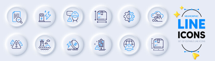 Charging station, Builder warning and Inspect line icons for web app. Pack of Building warning, Lighthouse, Transform pictogram icons. Package size, Box size, Co2 gas signs. Energy price. Vector
