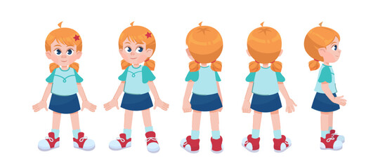 Character constructor set. Child with red ponytails and in blue skirt with kit of different body poses. Young cute girl to create animation. Cartoon flat vector collection isolated on white background