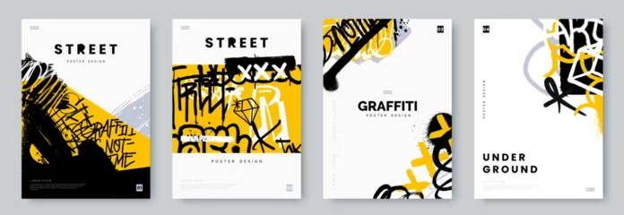Poster Abstract graffiti poster with colorful tags, paint splashes, scribbles and throw up pieces. Street art background collection. Artistic covers set in hand drawn graffiti style. Vector illustration © alexandertrou