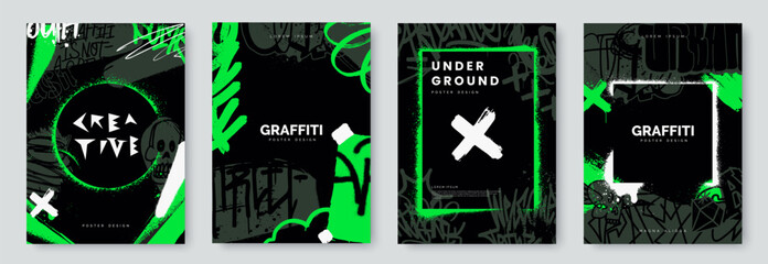 Abstract graffiti poster with tags, paint texture, scribbles and throw up pieces. Acid green color. Street art background set. Artistic cover design in urban graffiti style. Vector illustration - obrazy, fototapety, plakaty