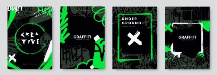 Fotobehang Abstract graffiti poster with tags, paint texture, scribbles and throw up pieces. Acid green color. Street art background set. Artistic cover design in urban graffiti style. Vector illustration © alexandertrou