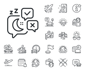 Night rest sign. Plane jet, travel map and baggage claim outline icons. Sleep line icon. Chat bubble with moon symbol. Sleep line sign. Car rental, taxi transport icon. Place location. Vector