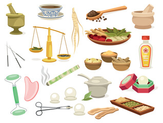 Herbs and materials for oriental Chinese medicine set. Ginseng roots for herbal treatment and gua sha massage, acupuncture and incense. Cartoon flat vector collection isolated on white background