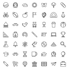 Set of flat outline school supplies icons. Vector.