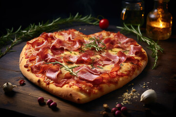 Obraz na płótnie Canvas Heart pizza. Pizza with ham and rosemary | Generative AI