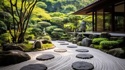 Zen garden with carefully manicured rocks, a meditative pathway, and lush greenery. This serene space provides a peaceful retreat for reflection and relaxation - obrazy, fototapety, plakaty