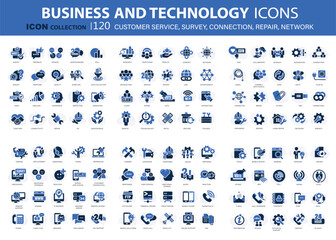 120 business and technology icon set for customer service, survey, connection, repair, network. Flat vector illustration