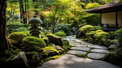 Zen garden with carefully manicured rocks, a meditative pathway, and lush greenery. This serene space provides a peaceful retreat for reflection and relaxation