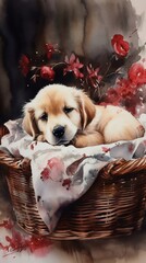 Serene and comfortable: Red-bowed golden retriever puppy sleeping in basket, surrounded by soft blankets and pillows, calm atmosphere, generative AI