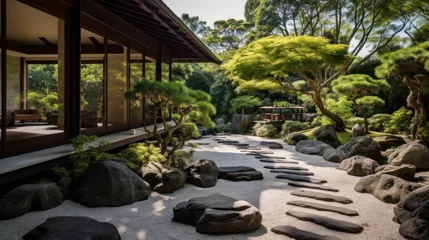 Fotobehang Zen garden with carefully manicured rocks, a meditative pathway, and lush greenery. This serene space provides a peaceful retreat for reflection and relaxation © Damian Sobczyk