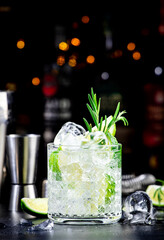 Gin fizz alcohol cocktail drink with dry gin, lime juice, sugar syrup, soda, rosemary and ice. Black bar counter background, steel bar tools and bottles