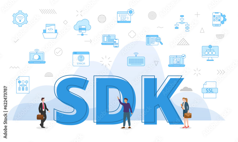 Wall mural sdk software development kit concept with big words and people surrounded by related icon with blue 