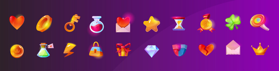 Game icons set. Isometric relist stickers with heart and magic potion, gold coins and medals, keys and locks. Shiny elements for ui design. Cartoon flat vector collection isolated on violet background