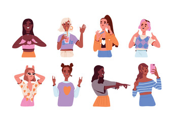Girls avatars set. Beautiful friendly women teens in variation poses make up and drink juice, greet, show peace sign, take selfie and smile. Cartoon flat vector collection isolated on white background