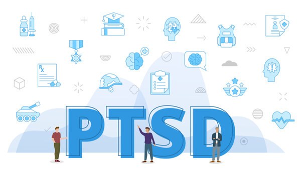 ptsd military trauma stress concept with big words and people surrounded by related icon with blue color style