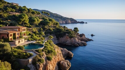 Location for the villa, such as a cliffside overlooking the Mediterranean Sea, a vineyard in Tuscany, or a secluded island off the coast of Sicily - obrazy, fototapety, plakaty