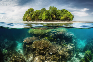 Tropical Island And Coral Reef. Split View With Waterline. Beautiful underwater view of lone small island above and below the water surface in turquoise waters of tropical ocean. Generative AI