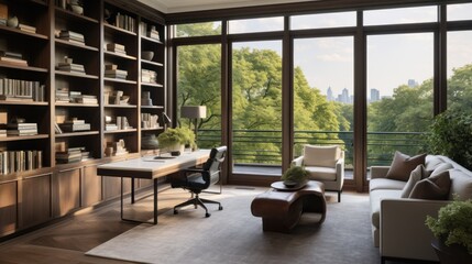 Fototapeta na wymiar Stylish home office or library with custom built in bookshelves, comfortable seating, and inspiring views for a tranquil workspace