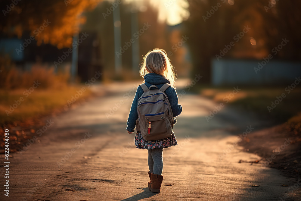 Wall mural child with school bag on the way to school. generative ai