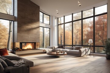 Beautiful living room interior in new luxury home with open concept floor plan. Shows wall of windows with amazing exterior, sofa & fire place - obrazy, fototapety, plakaty