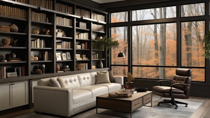 Stylish home office or library with custom built in bookshelves, comfortable seating, and inspiring views for a tranquil workspace