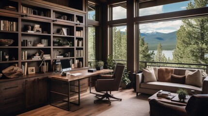 Stylish home office or library with custom built in bookshelves, comfortable seating, and inspiring views for a tranquil workspace - Powered by Adobe
