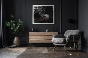 Dark living room interior with armchair and drawer with decoration, mockup poster