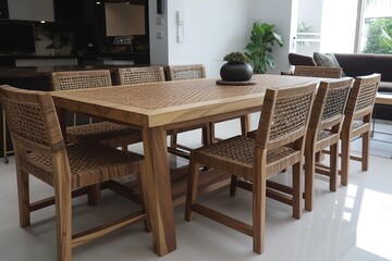 Dining table set Weaved with artificial rattan, checkerboard pattern. Help your dining room be beautiful