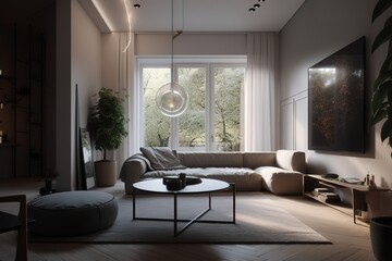Urban Serene Modern Living Room Design with sofa, lamp and windows