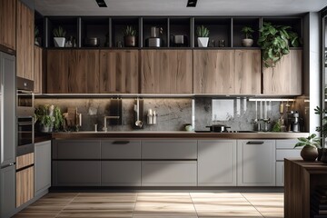 Gray and wooden kitchen with cupboards, close up