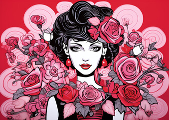 Illustration of a woman among roses. Generative AI