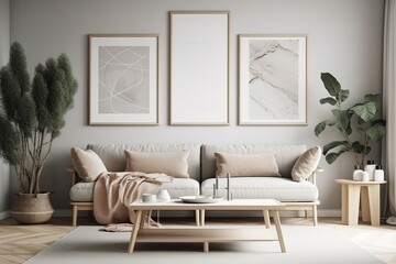 Stylish Scandinavian mockup living room with design furniture, plants and sofa. Abstract painting on the white wall. Nice apartment. Modern décor of bright room