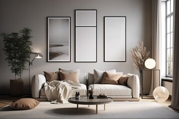 Stylish modern Scandinavian living room with design furniture, plants, lamp and sofa. Abstract painting on the white wall. Nice apartment. Modern décor of bright room