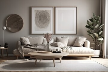 Modern stylish Scandinavian living room with sofa design furniture, plants and sofa. Abstract painting on the white wall. Nice apartment. Modern décor of bright room